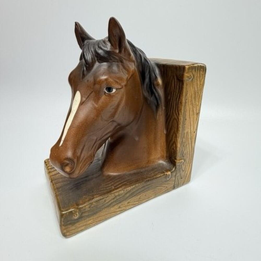 Vintage Lefton Ceramic Figural Horse Head Bookend Equestrian Farm 6.5" Wood